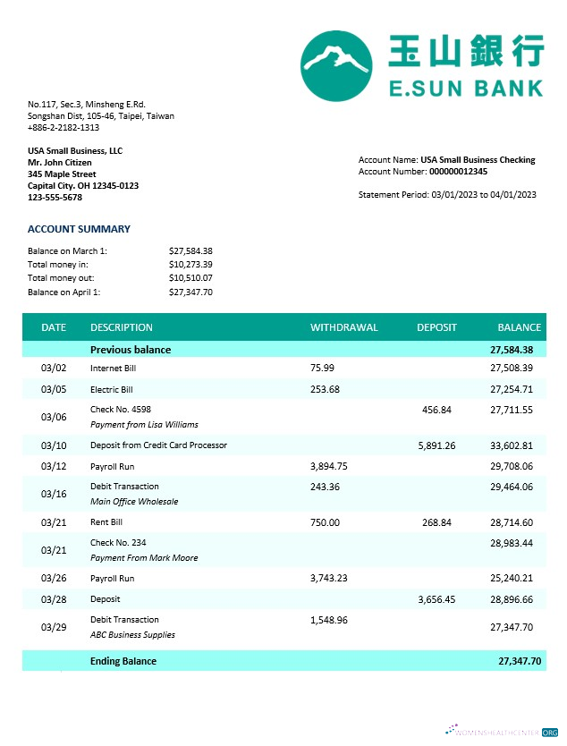 Download E.SUN Commercial Bank business statement Word and PDF template Photoshop template